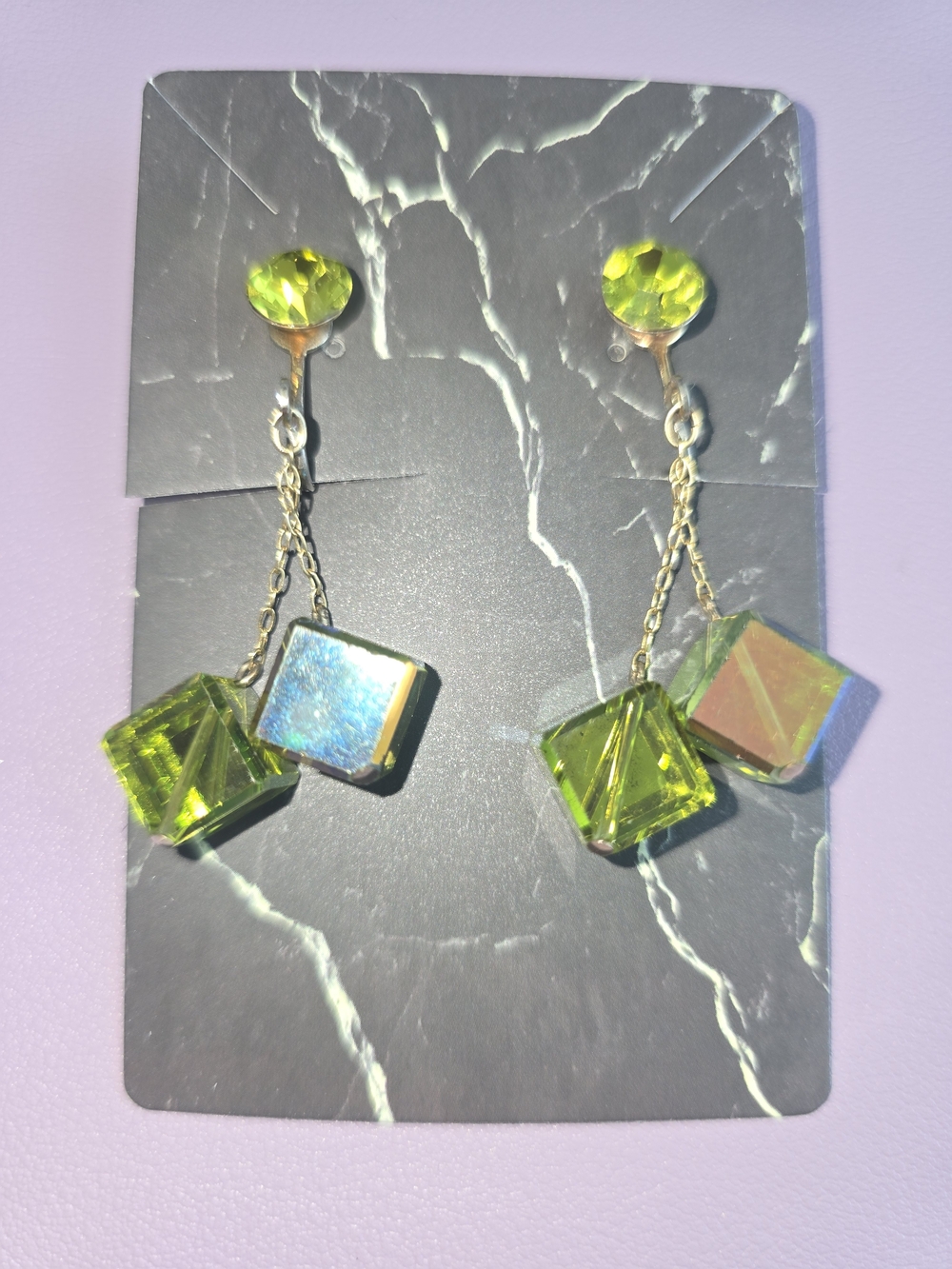 Green Crystal Cube Drop Clip-on Earrings - Brand New!